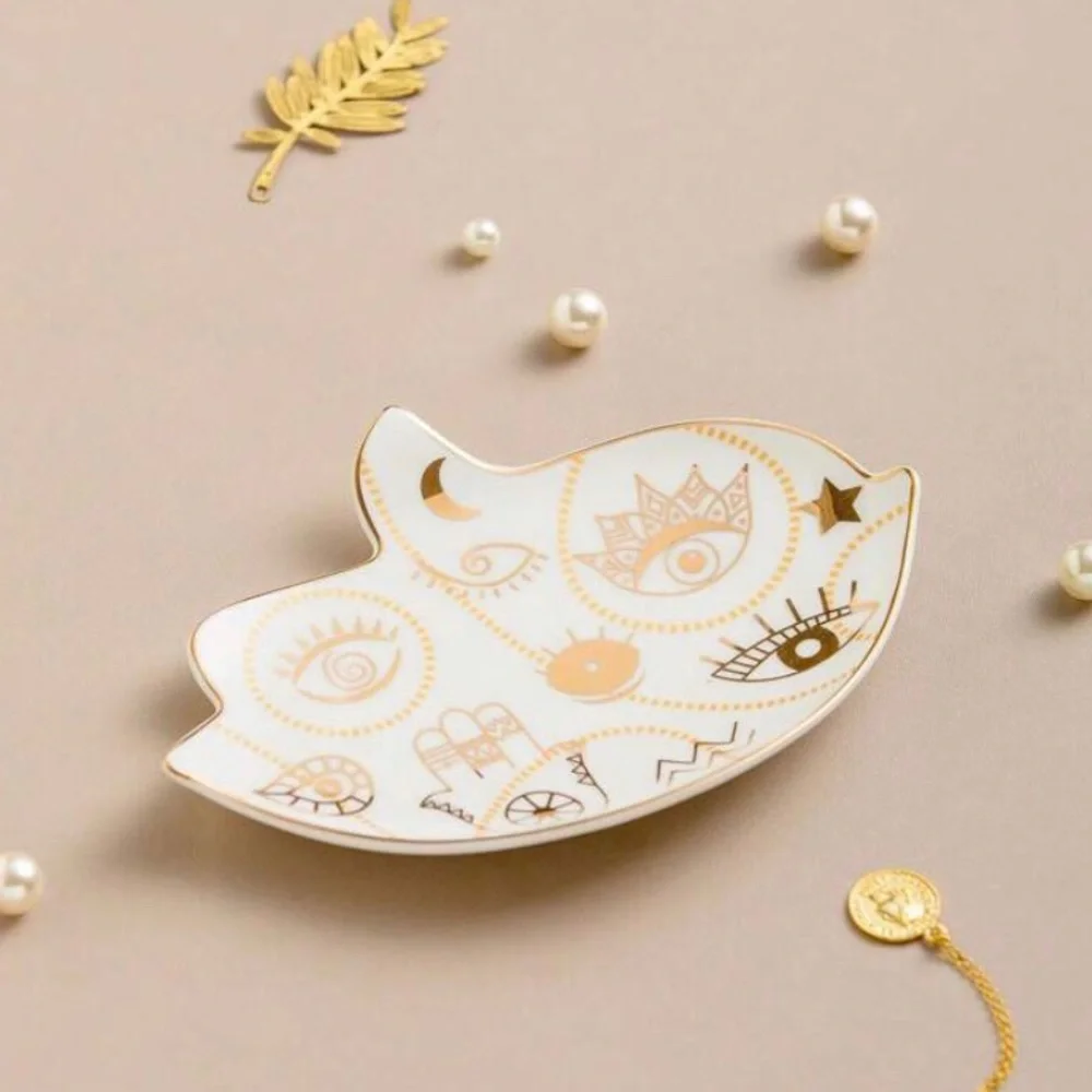 New Ceramic Hamsa Hand Evil Eye Gold Illustrative Jewelry Tray ~ Trinket Tray - Picture 9 of 12